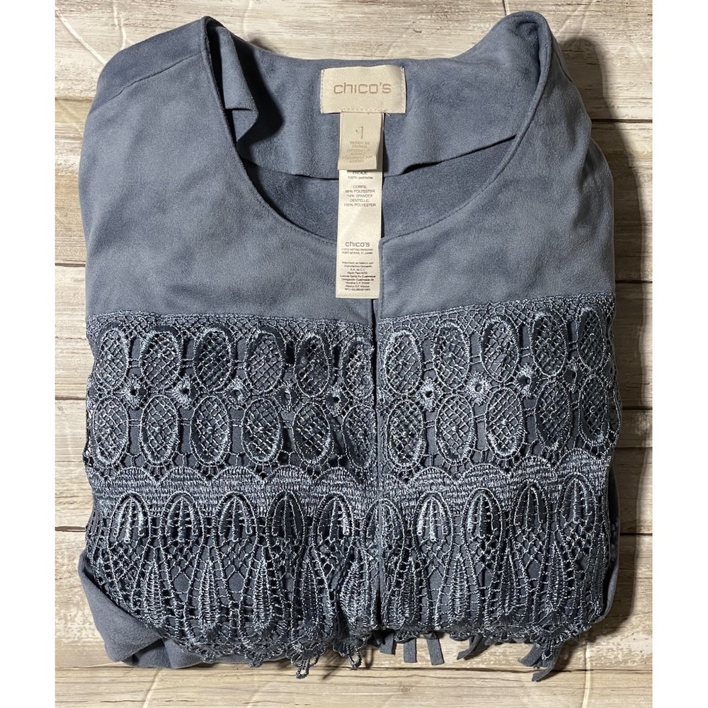Chico's Blue Faux Suede Fringe Western Jacket Size 1(8) Festival Eclectic Flowy